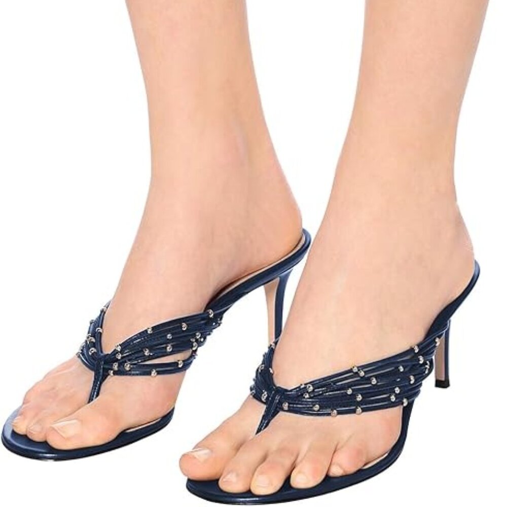 FSJ Women Sexy Beaded Trim Strappy Slide Sandals Open Toe Thong Stiletto Flip Fl